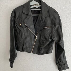 Sexy vintage black leather cropped motorcycle jacket.